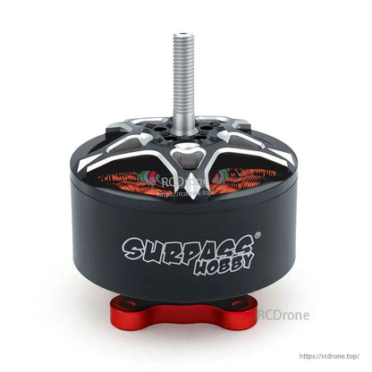 Front view of Surpass Hobby brushless motor with threaded shaft, copper windings, and red mounting base