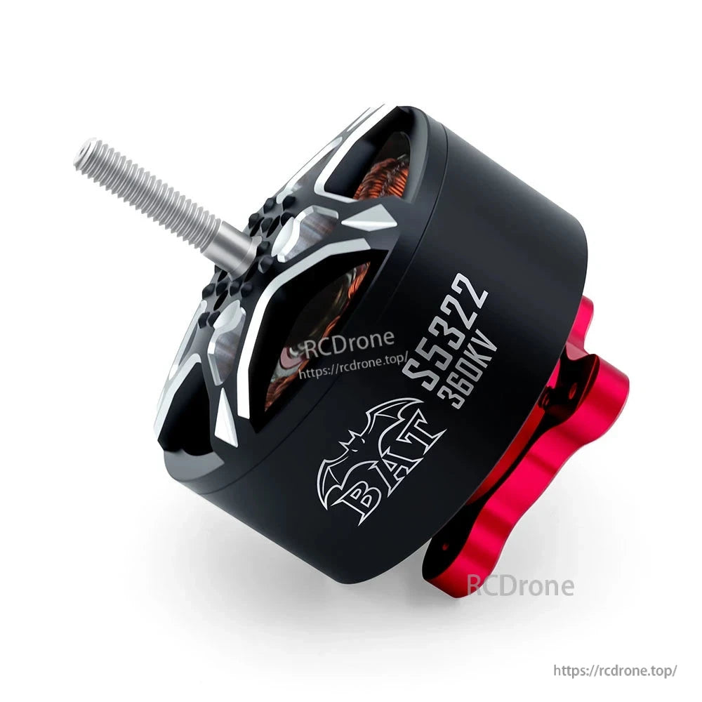 Side view of BAT S5322 360KV motor housing with red base and threaded propeller shaft