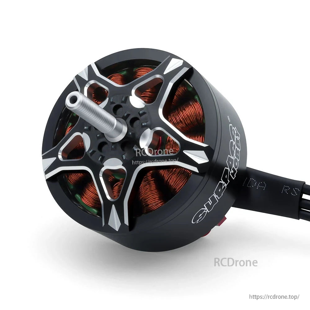 Angled top view of BAT S5322 motor with threaded prop shaft, exposed copper windings, and lead wire
