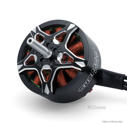 Angled top view of BAT S5322 motor with threaded prop shaft, exposed copper windings, and lead wire