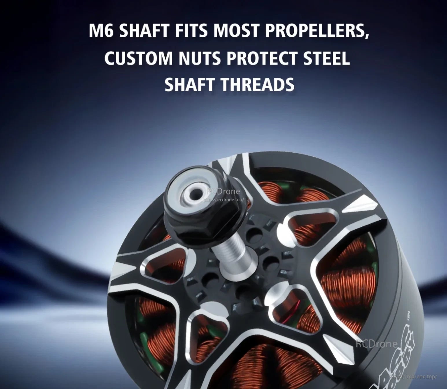 Close-up of the BAT S5322 motor with M6 threaded propeller shaft and custom protective nut