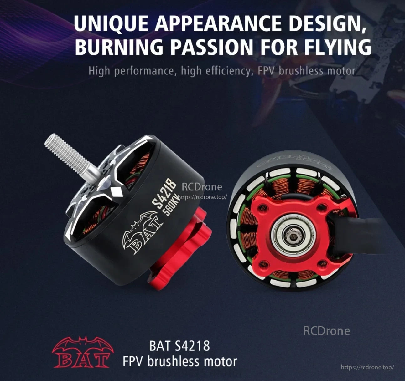 Surpass Hobby BAT S4218 FPV brushless motor with red base, black can and M6 shaft (S4218 560KV marking)