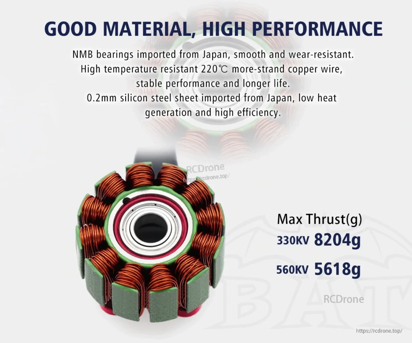 BAT S4218 stator and copper windings with NMB bearing and material highlights for high-performance FPV motor builds