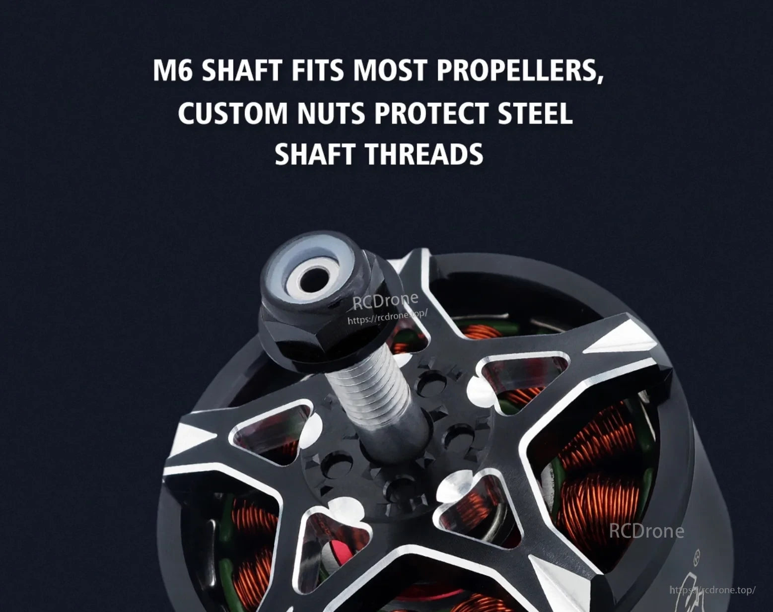 Close-up of BAT S4218 M6 threaded shaft and prop nut, designed to fit most propellers and protect shaft threads