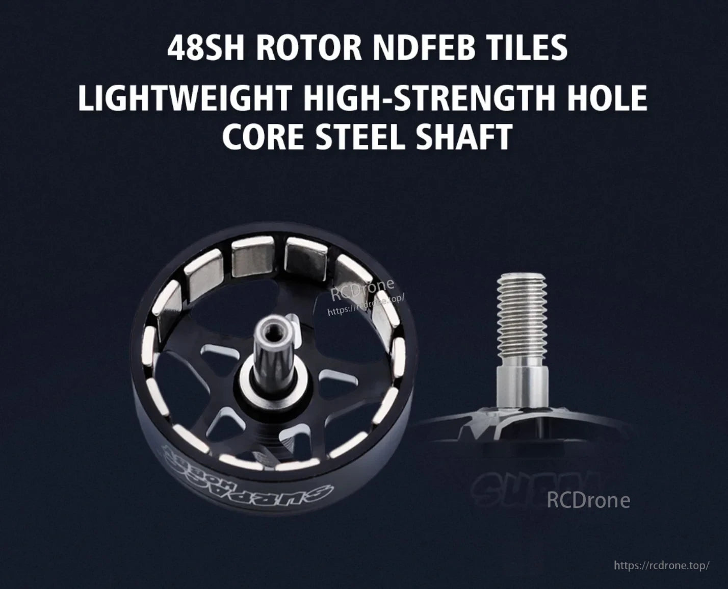 Rotor close-up with 48SH NdFeB magnet tiles and lightweight hole-core steel shaft for the BAT S4218 motor