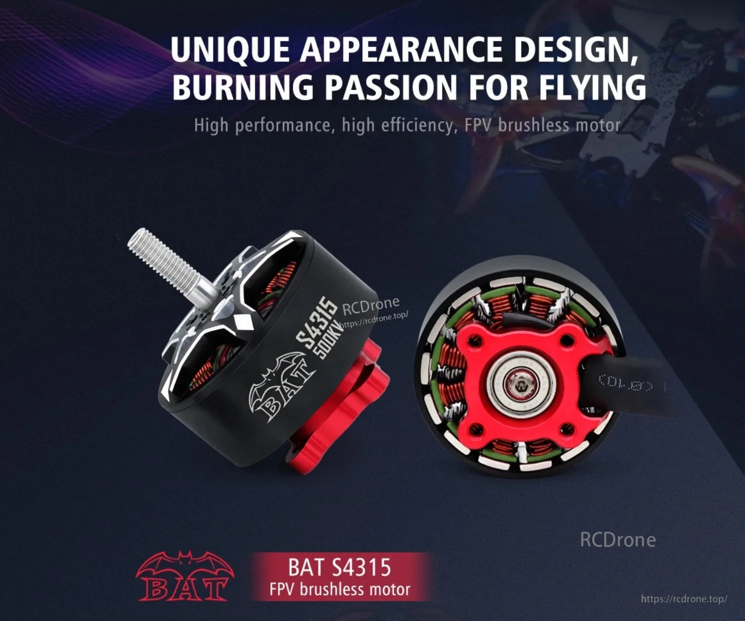 Surpass Hobby BAT S4315 500KV FPV brushless motor with red base and M6 threaded prop shaft