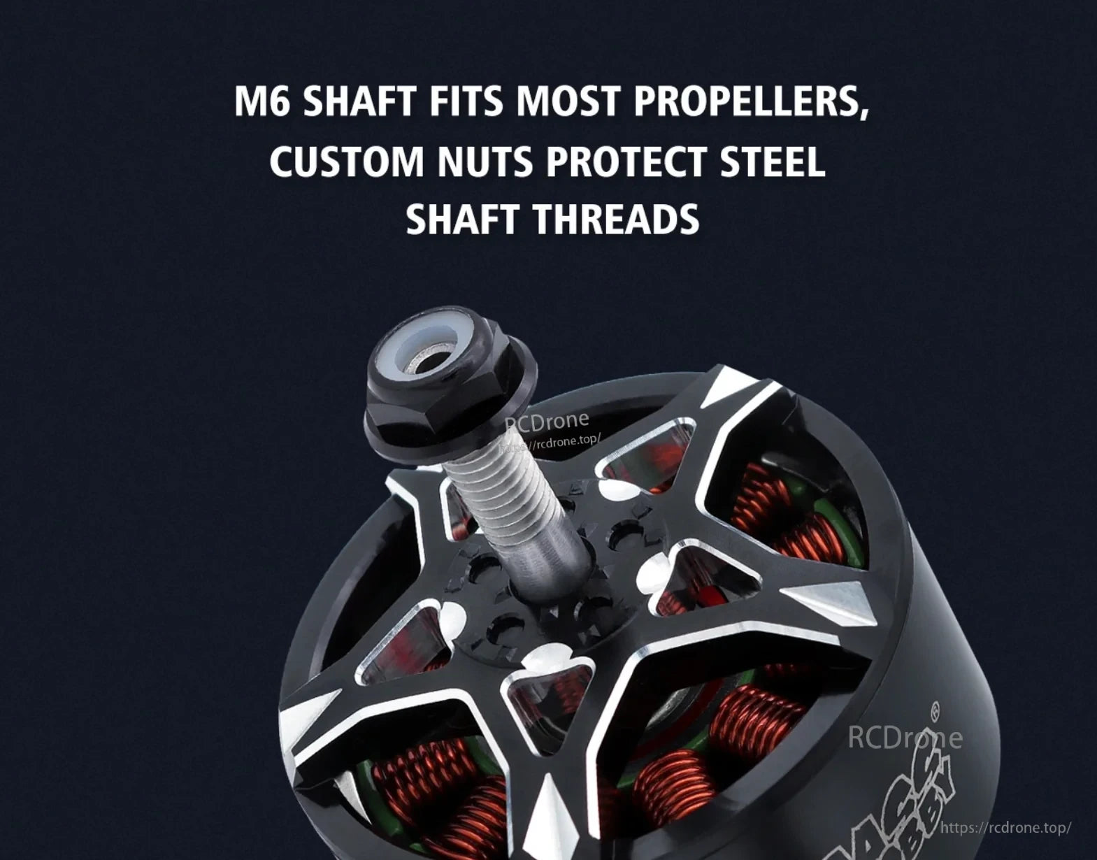 Close-up of the M6 threaded shaft and lock nut for secure propeller mounting on the motor bell