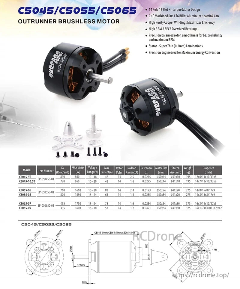 Surpass Hobby Brushless Motor, Surpass Hobby C5045/C5055/C5065 motors offer high torque, CNC heatsink, copper windings, ABEC-9 bearings, and precision engineering with varied Kv, wattage, and voltage specs.