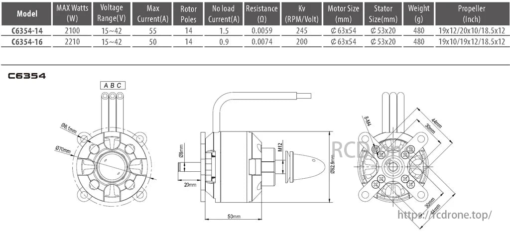 Surpass Hobby Brushless Motor, C6354-14/16 brushless motors, 2100W/2210W power, 15-42V, 55A/50A current, 14 poles. 63x54mm motor, 53x20mm stator. 480g weight. Fits 19x12/20x10/18.5x12 props.