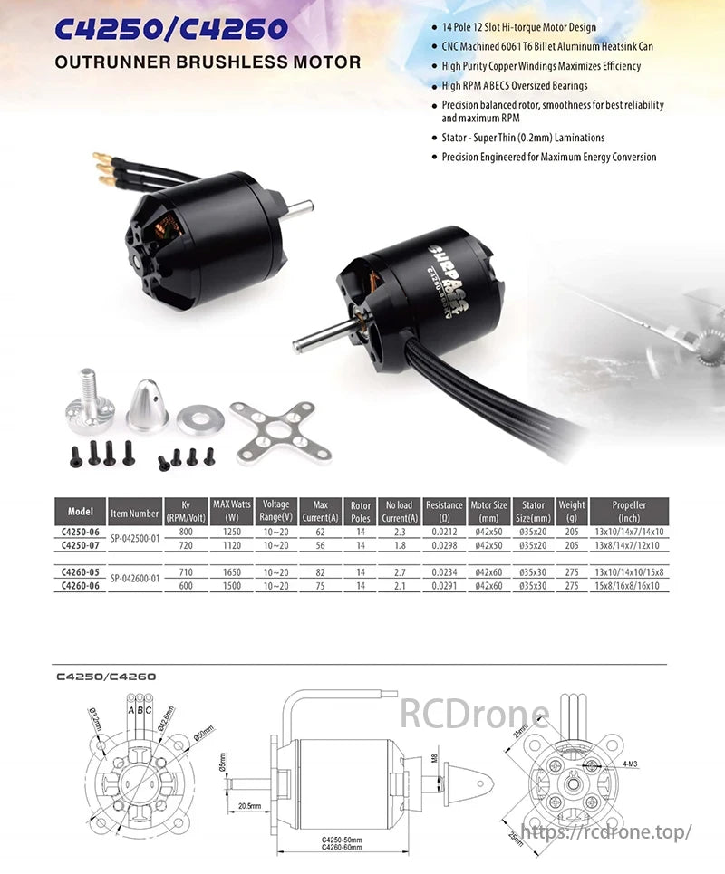 Surpass Hobby Brushless Motor, Surpass Hobby C4250/C4260 motors offer high torque, CNC heatsink, copper windings, ABEC-5 bearings, and precision engineering with varied KV ratings and power outputs.