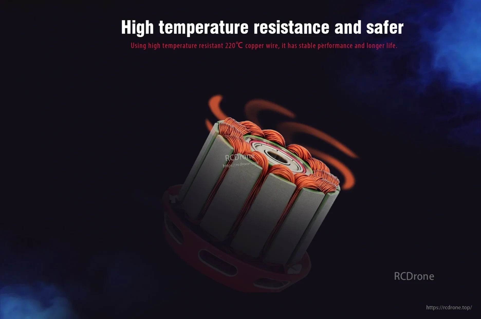 Stator copper windings close-up highlighting high-temperature 220°C wire and cooling airflow path