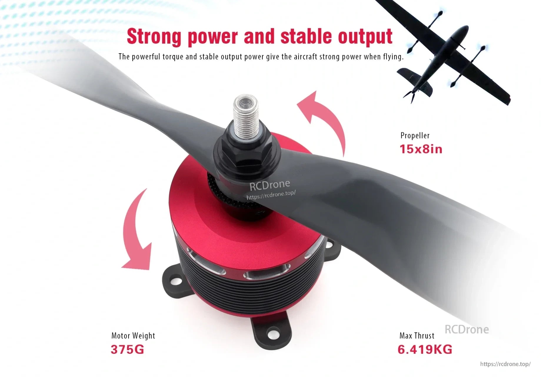 F5055 motor mounted with 15x8 propeller, illustrating strong torque, stable output, and thrust potential