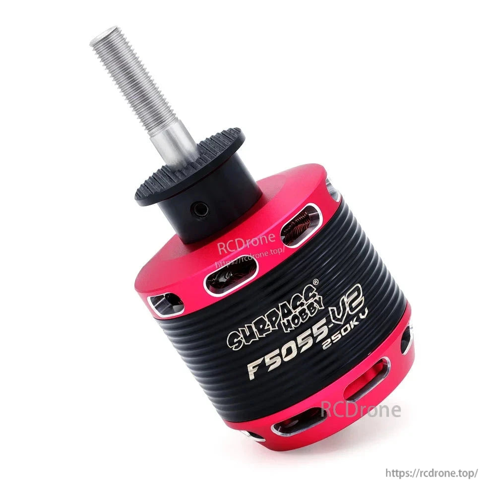 Angled side view of F5055-V2 250KV motor showing vent slots and engraved branding