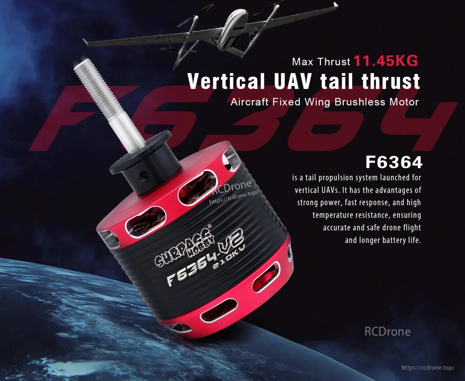 Surpass Hobby F6364 210KV brushless motor for VTOL fixed-wing tail thrust, max thrust 11.45 kg