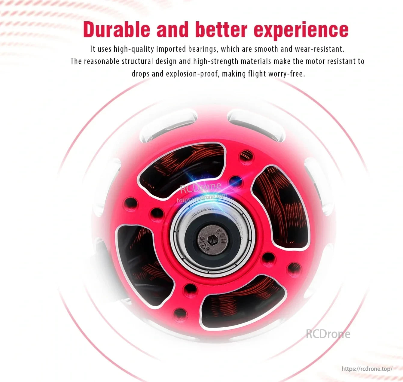 Front bearing and winding view of the motor, emphasizing smooth bearings and durable construction
