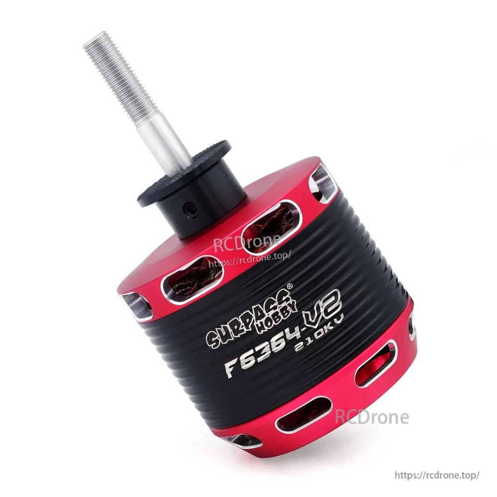 Angled side view showing Surpass Hobby F6364-V2 210KV label and vented red end caps