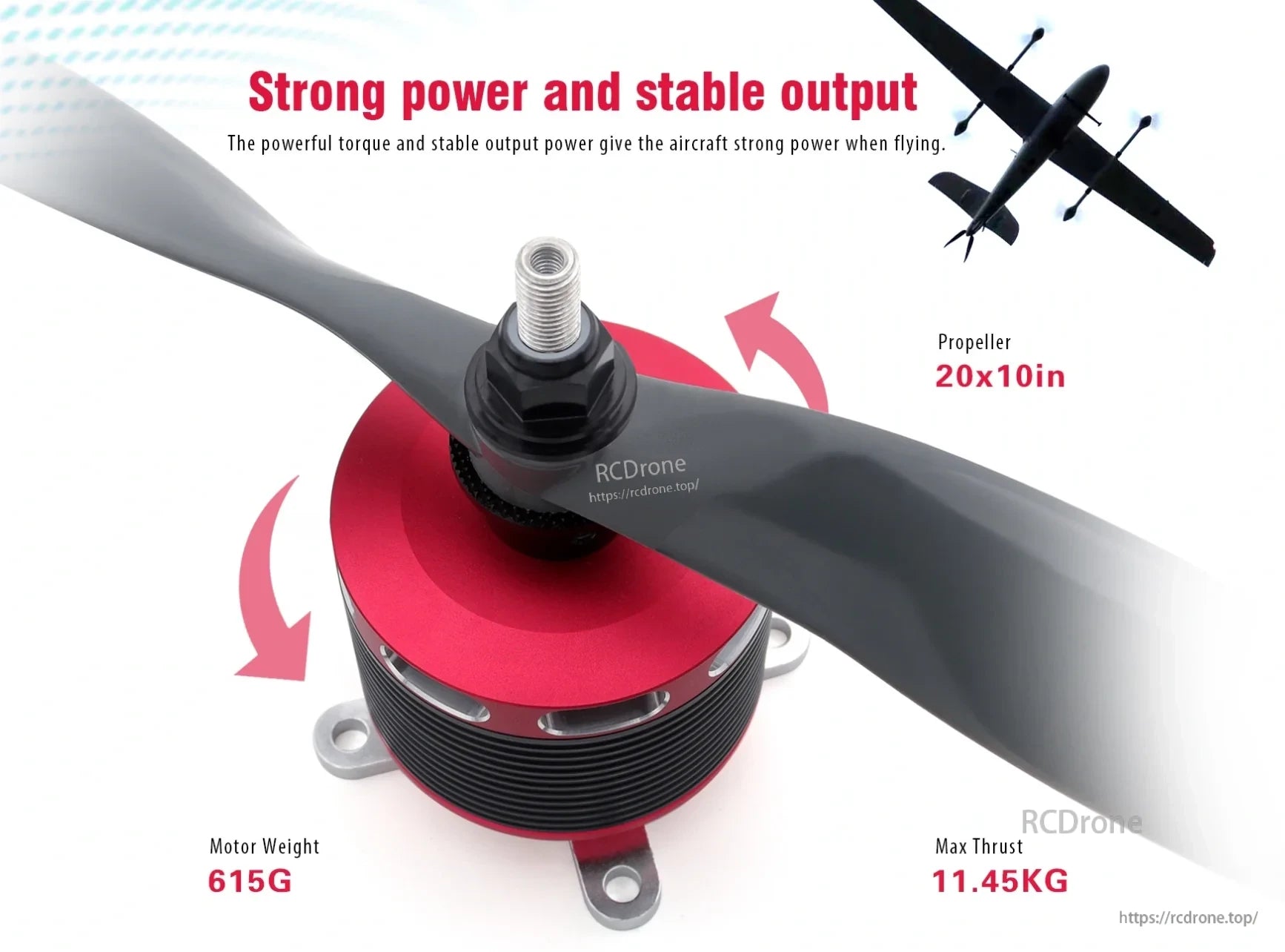 F6364 aircraft brushless motor with 20x10 propeller, highlighting strong power, 615 g weight and 11.45 kg thrust