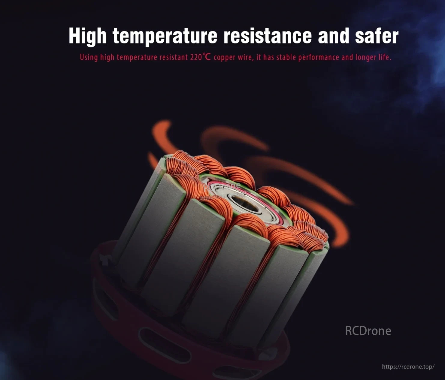 Stator windings with 220°C high-temperature copper wire for safer, stable performance and longer service life
