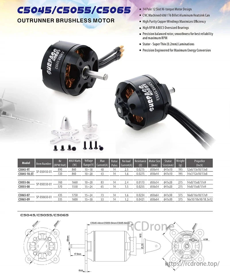 Surpass Hobby C5045/C5055/C5065 motors offer high torque, CNC heatsinks, copper windings, and precision engineering for optimal RC performance.