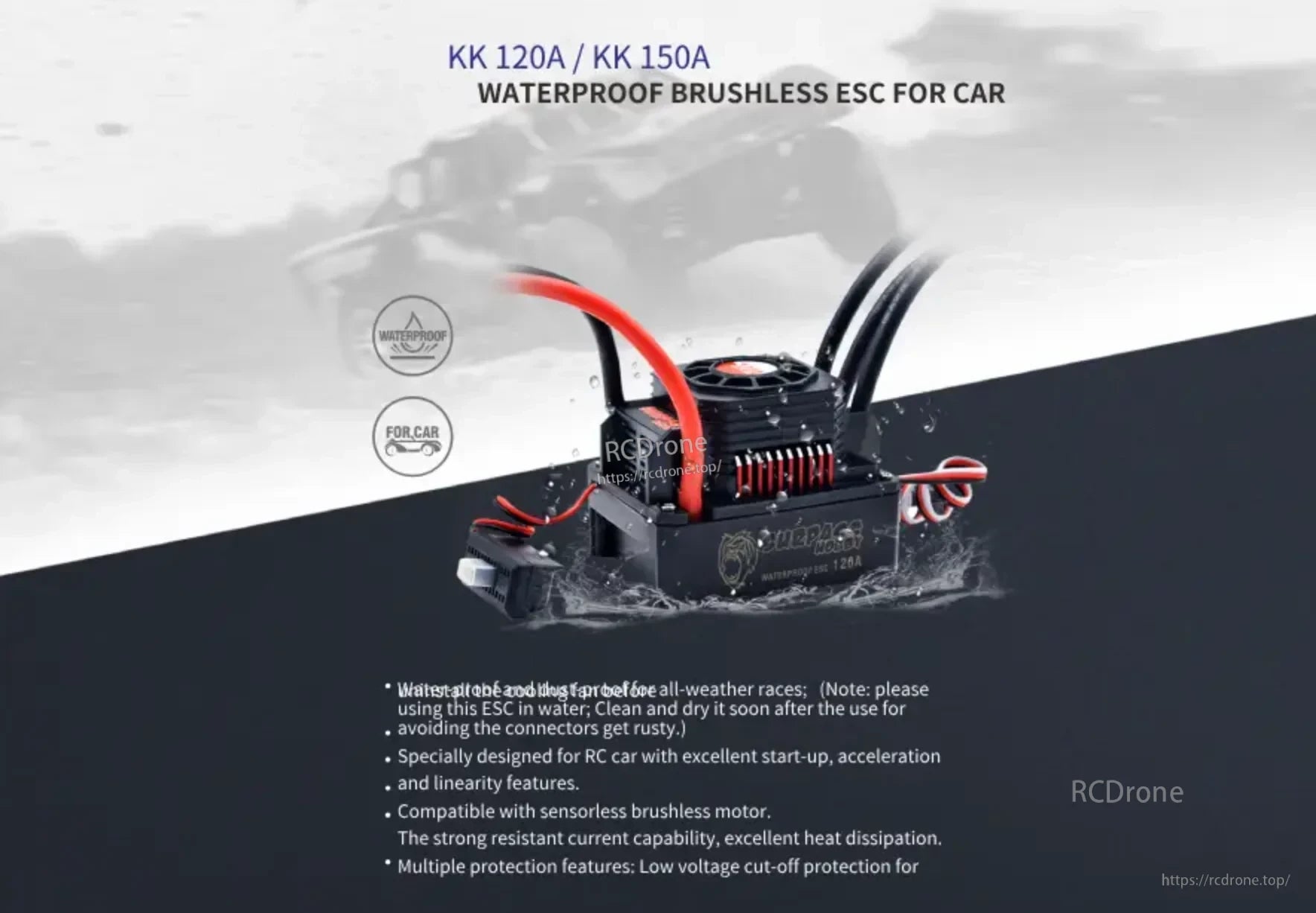 Surpass Hobby KK120A/KK150A waterproof brushless ESC for 1/8 RC car with cooling fan and motor leads