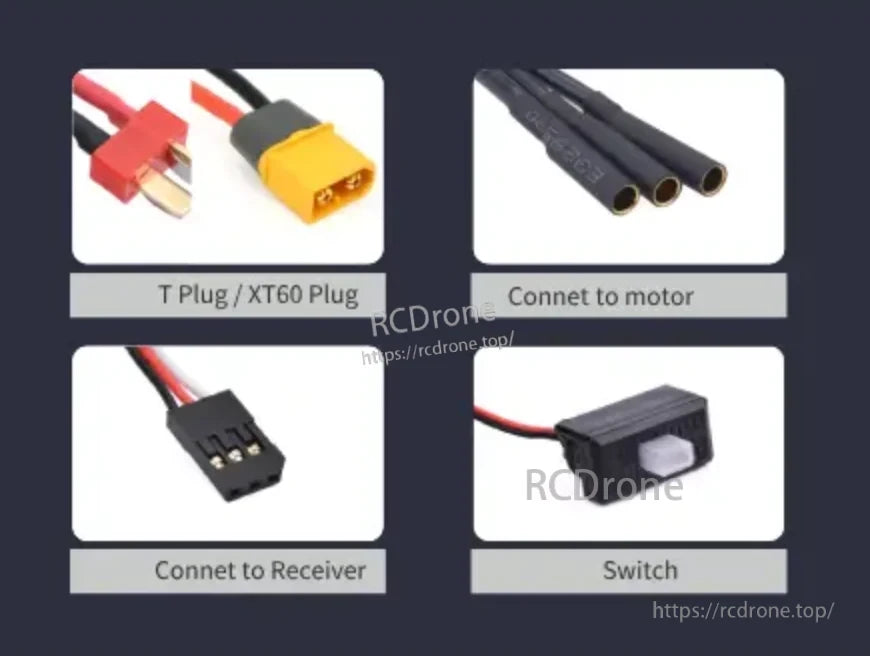 ESC wiring and connections: T plug or XT60 battery connector, motor bullet leads, receiver lead, and on/off switch