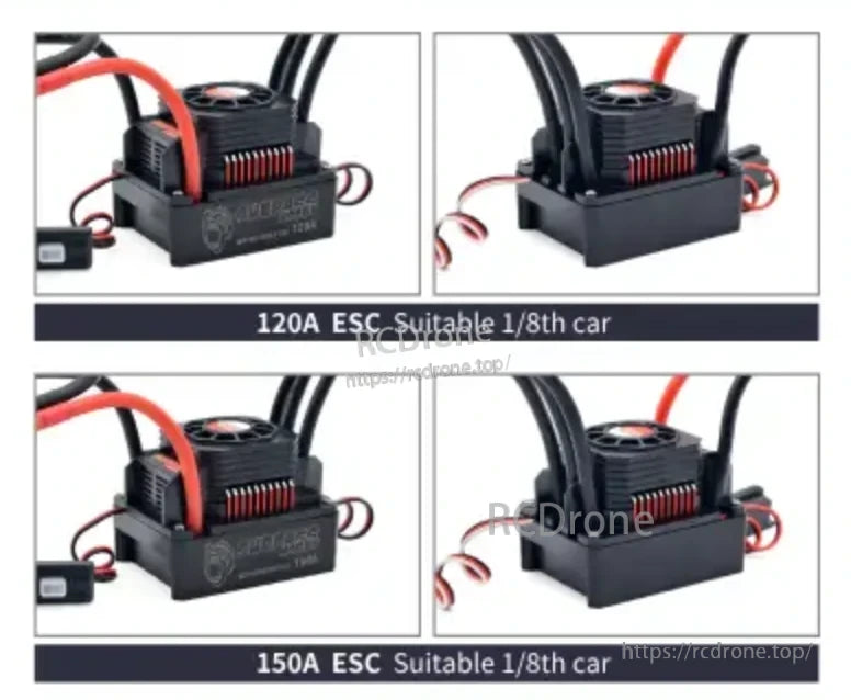 KK120A vs KK150A ESC side views for 1/8 RC cars, showing compact waterproof case and wire layout