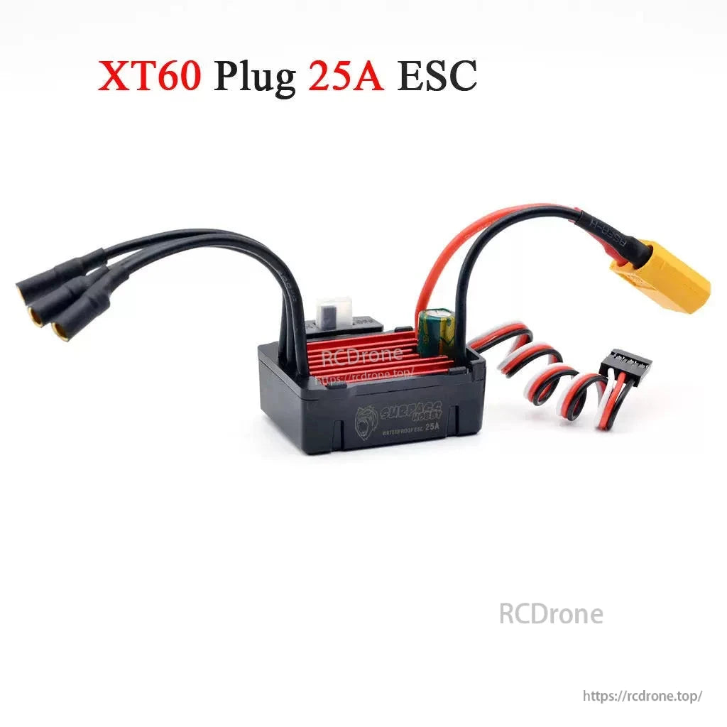 KK 25A brushless ESC with XT60 plug, three motor bullet connectors and receiver lead on white background