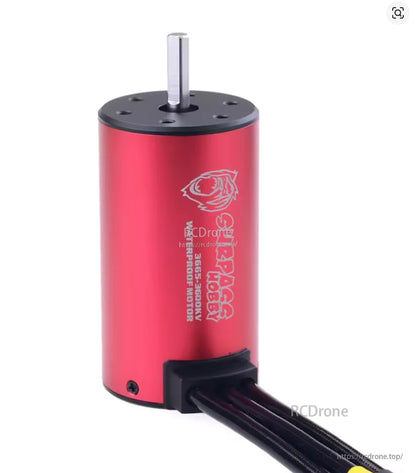 Surpass Hobby KK 3665 brushless motor upright view showing end cap, shaft, and wiring exit