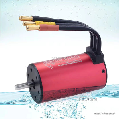 Red brushless motor shown with water splash background and three bullet connectors on leads