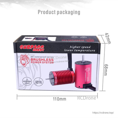 Surpass Hobby brushless power system retail box shown with product images and package size