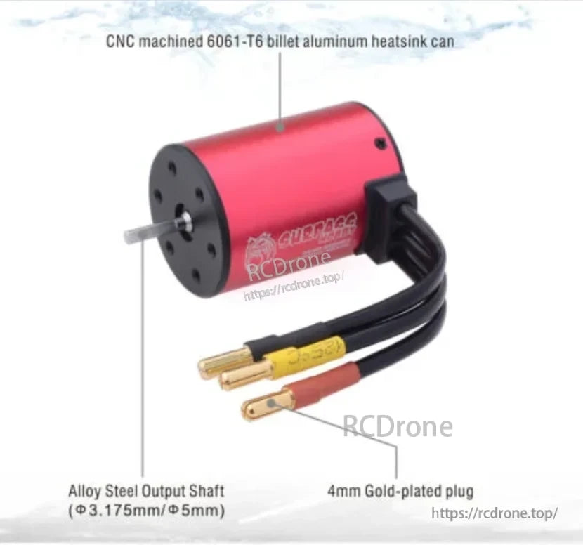 Close-up of KK 3674 brushless motor showing 6061-T6 aluminum heatsink can, output shaft, and 4mm gold plugs