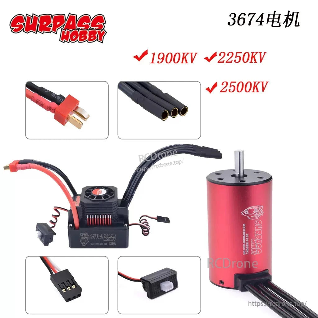 Surpass Hobby 3674 motor kit collage showing KV options 1900KV 2250KV 2500KV and connectors