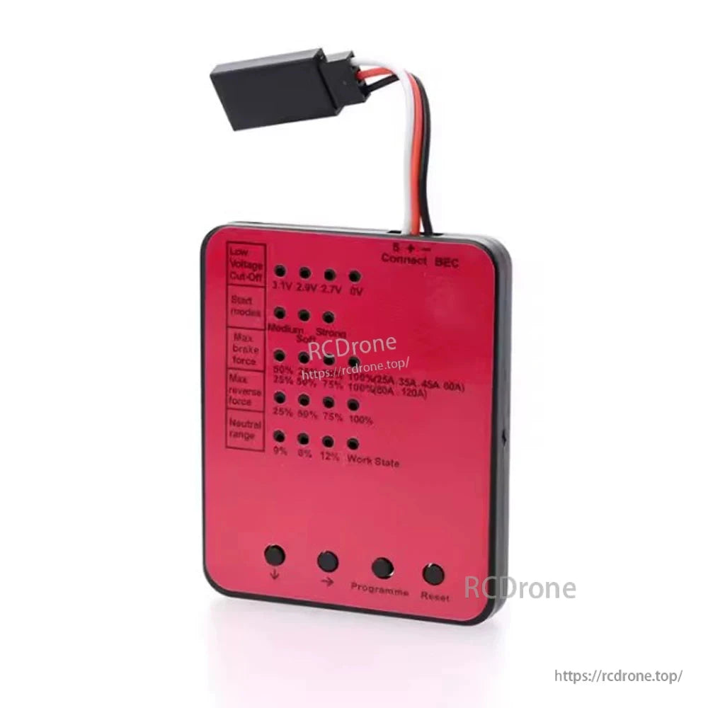 ESC programming card panel with cutoff, brake, reverse, and timing settings indicators
