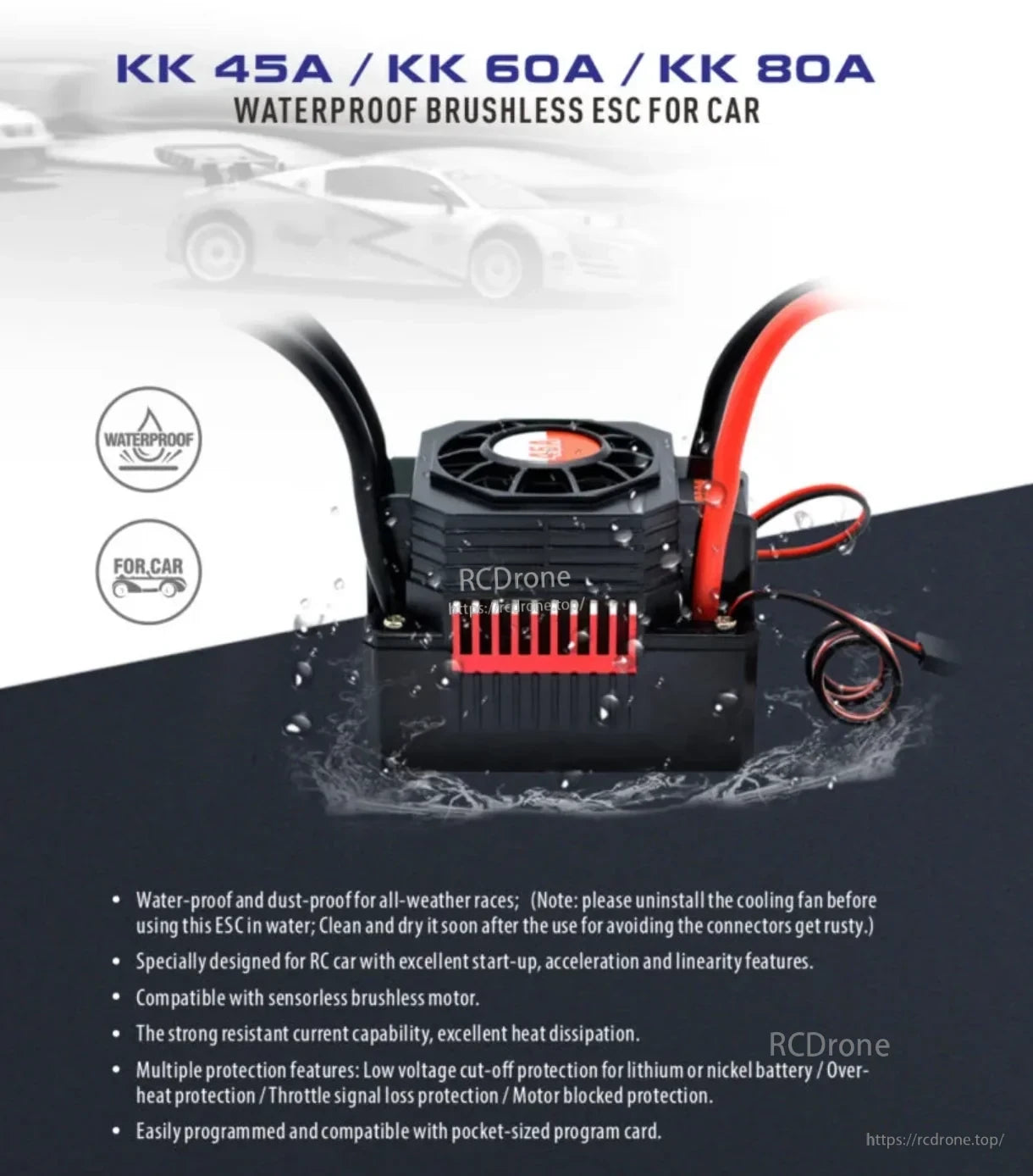 Surpass Hobby KK waterproof brushless ESC with cooling fan and wiring, for 45A/60A/80A RC car setups