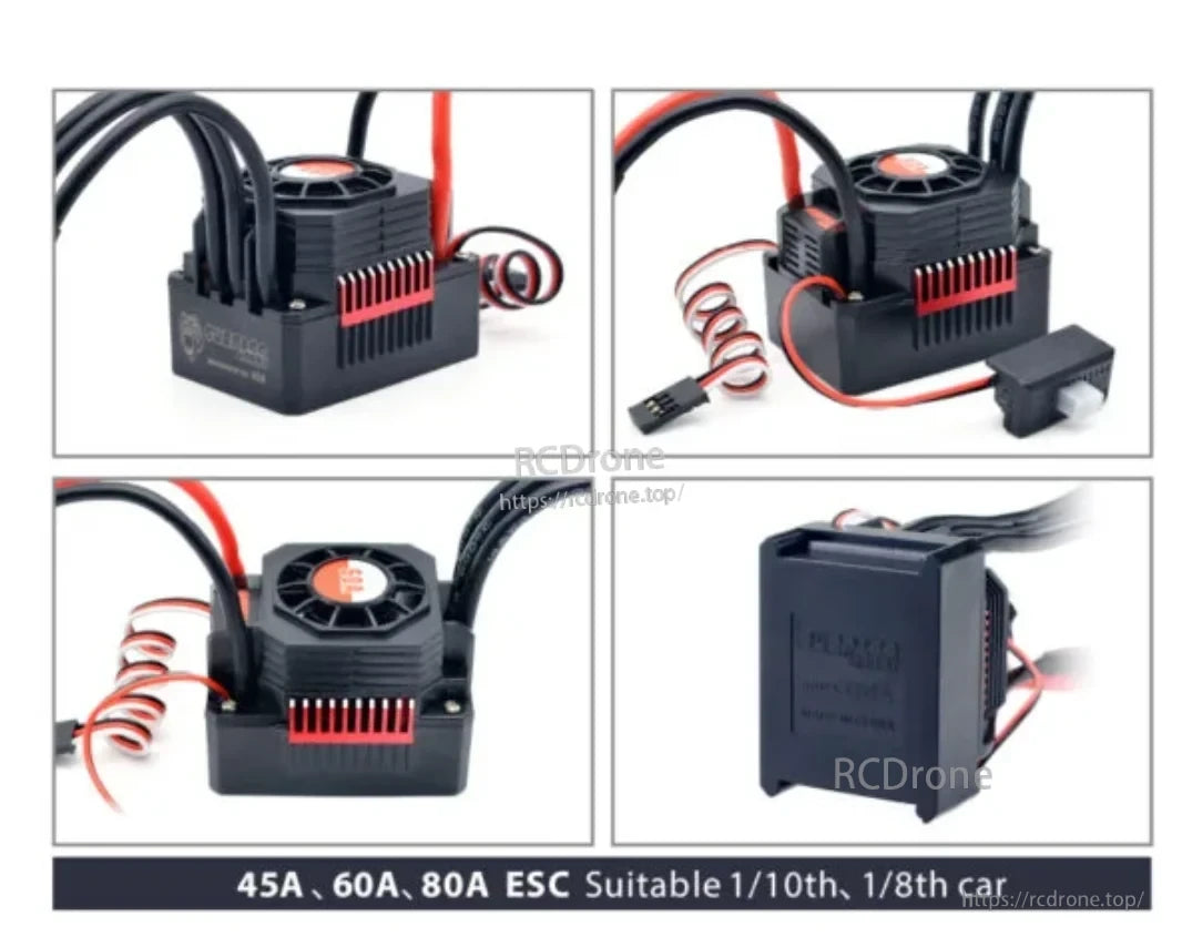 KK series ESC multiple-angle views showing heatsink vents, motor phase wires, receiver lead, and external on/off switch