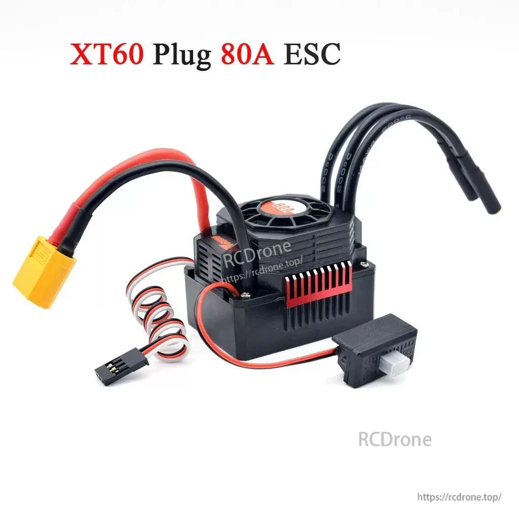 XT60 plug 80A ESC variant shown with cooling fan, motor wires, receiver lead, and switch
