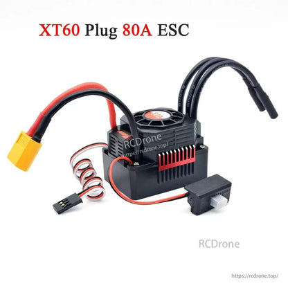 XT60 plug 80A ESC variant shown with cooling fan, motor wires, receiver lead, and switch