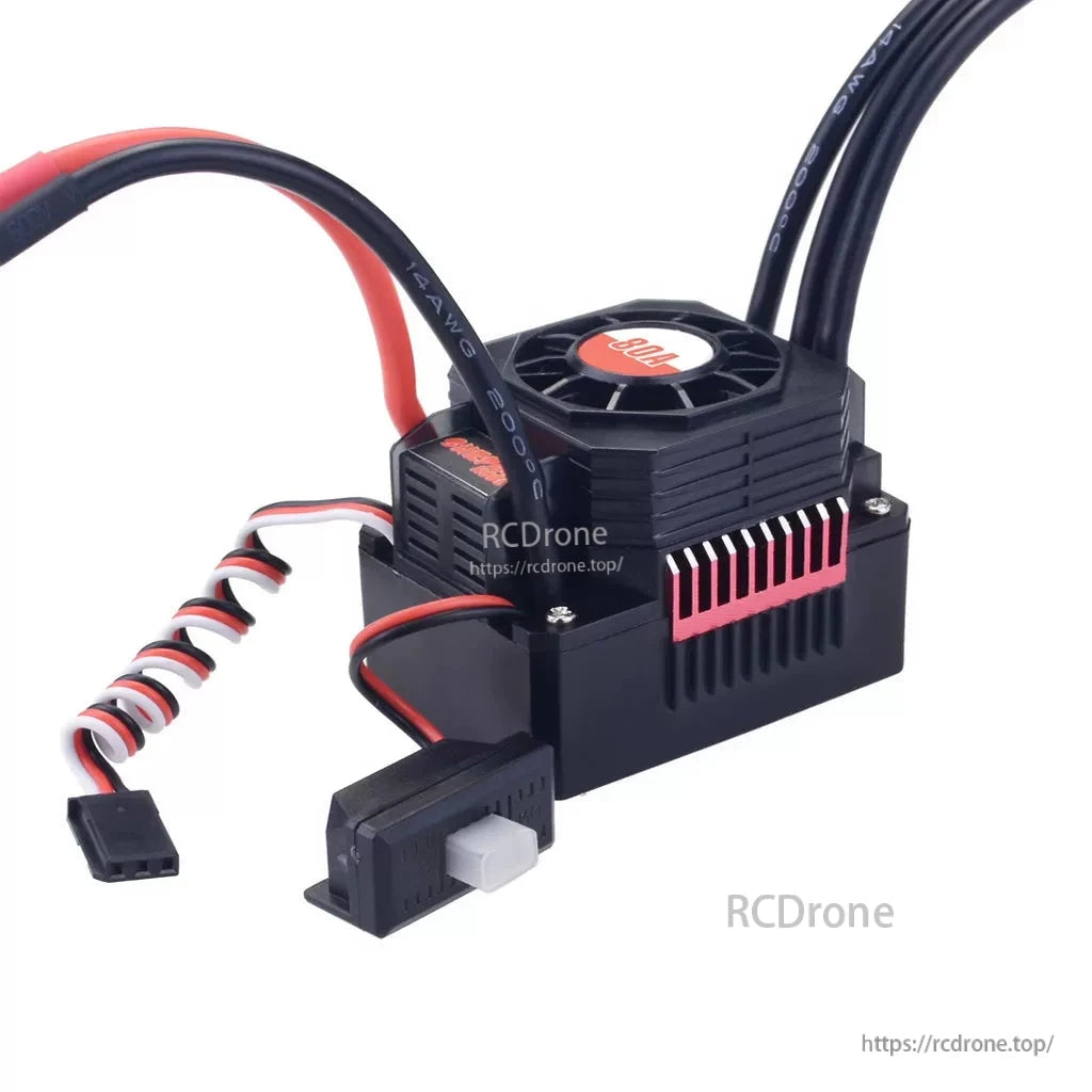 Angled close-up of Surpass Hobby KK brushless ESC with fan top, receiver lead, and switch housing