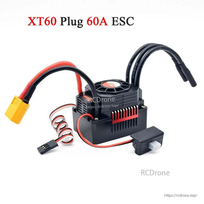 XT60 plug 60A ESC variant with fan-cooled case, power connector, receiver lead, and switch
