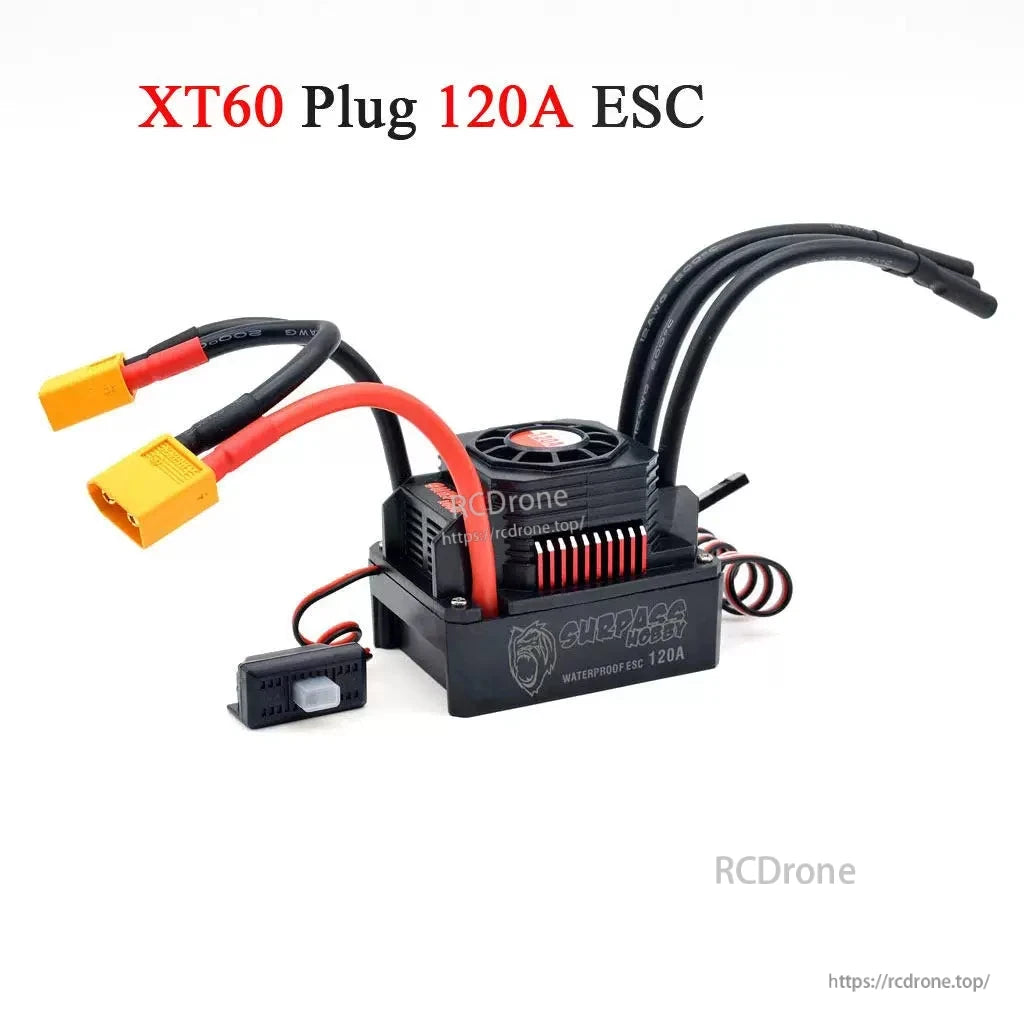 XT60 plug 120A waterproof brushless ESC angled view showing cooling fan, power leads and switch module