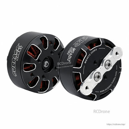 Side and rear view of MS4012-320KV motor pair showing Surpass Hobby branding and vented end caps