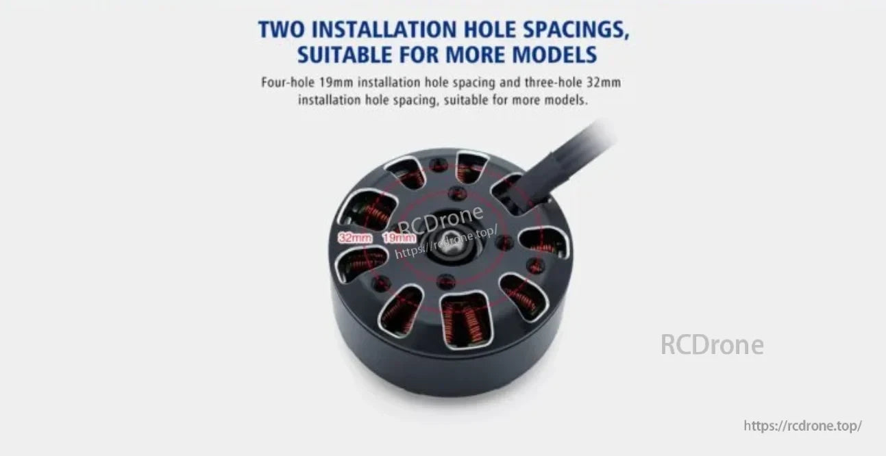 Bottom view showing 19mm 4-hole and 32mm 3-hole mounting patterns on MS4010/MS4012 motor base