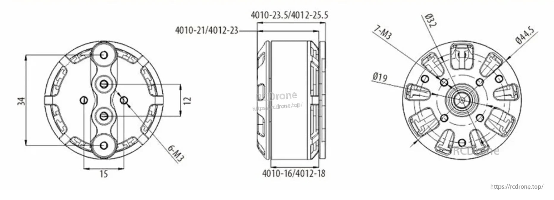 Dimension and mounting schematic for MS4010/MS4012 motor showing diameter, height, and bolt-hole layout
