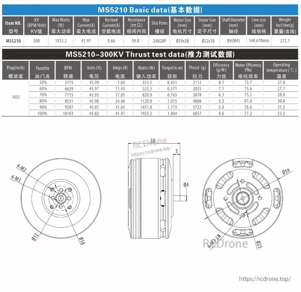 MS5210-300KV spec sheet with thrust test chart and dimension drawings for mounting pattern and motor size