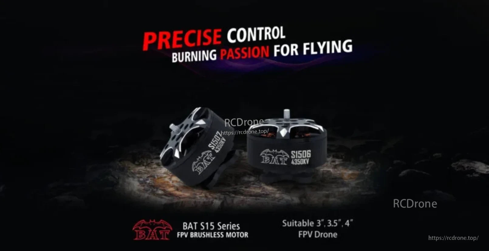 Surpass Hobby BAT S15 Series FPV brushless motors on dark background, for 3–4 inch drones