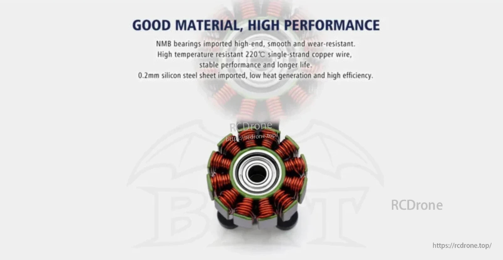 S15 FPV motor stator close-up with copper windings and NMB bearing, material and performance callouts