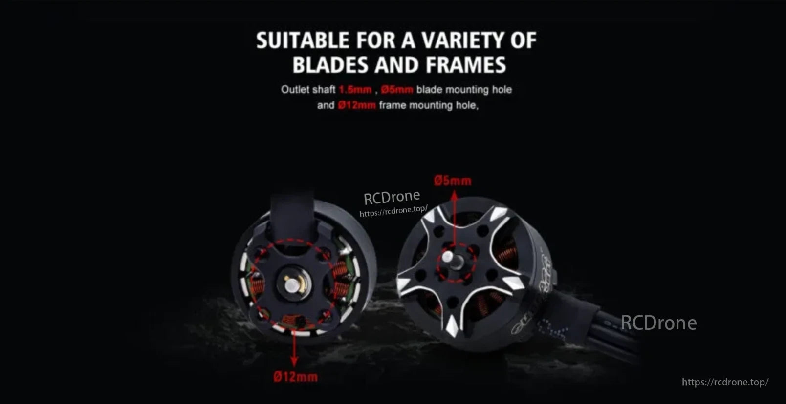 S15 motor mounting details highlighting 1.5 mm shaft, 5 mm prop hole and 12 mm frame mounting pattern