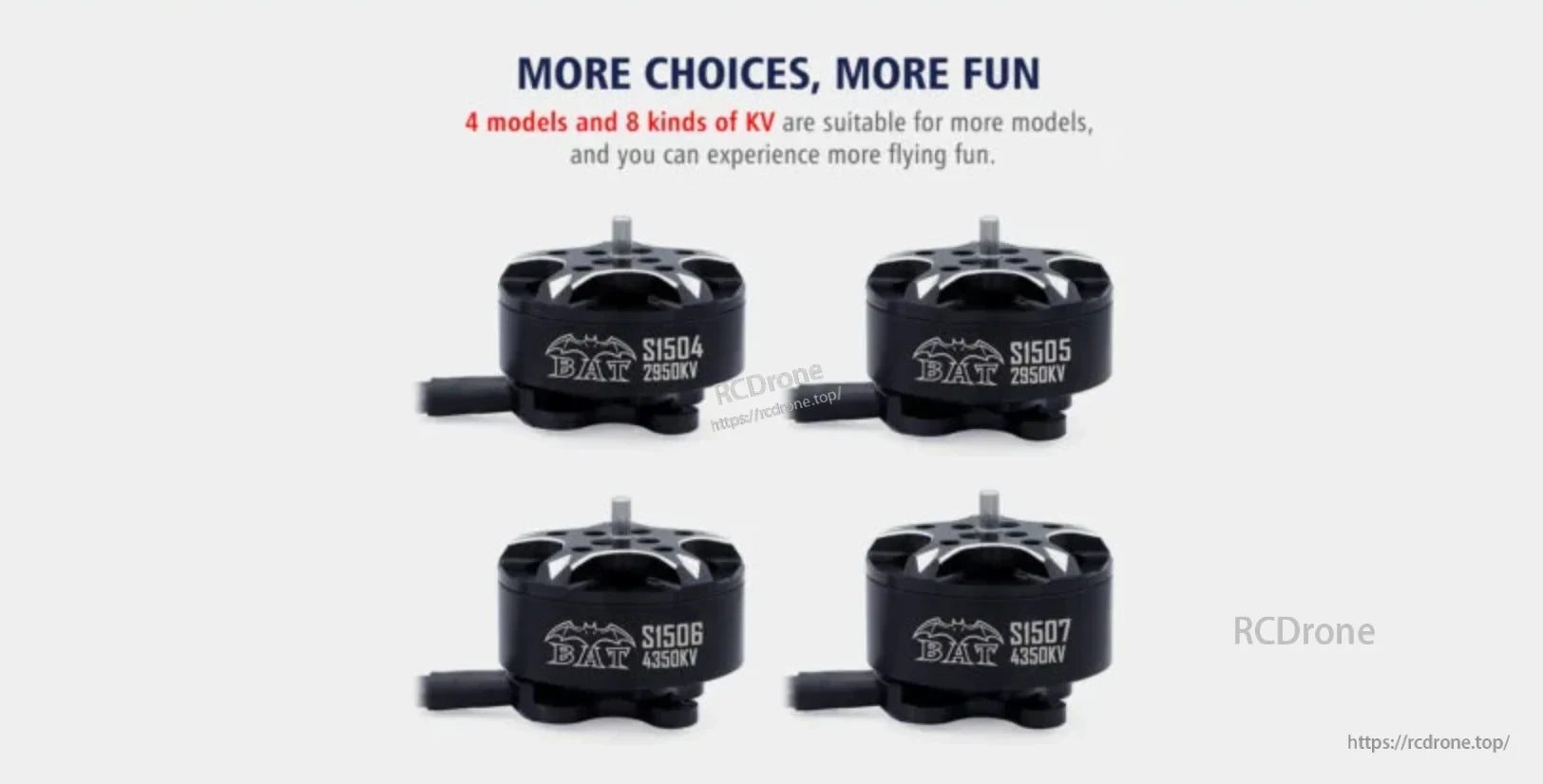 Surpass Hobby S15 motor lineup showing S1504, S1505, S1506 and S1507 size options with KV markings