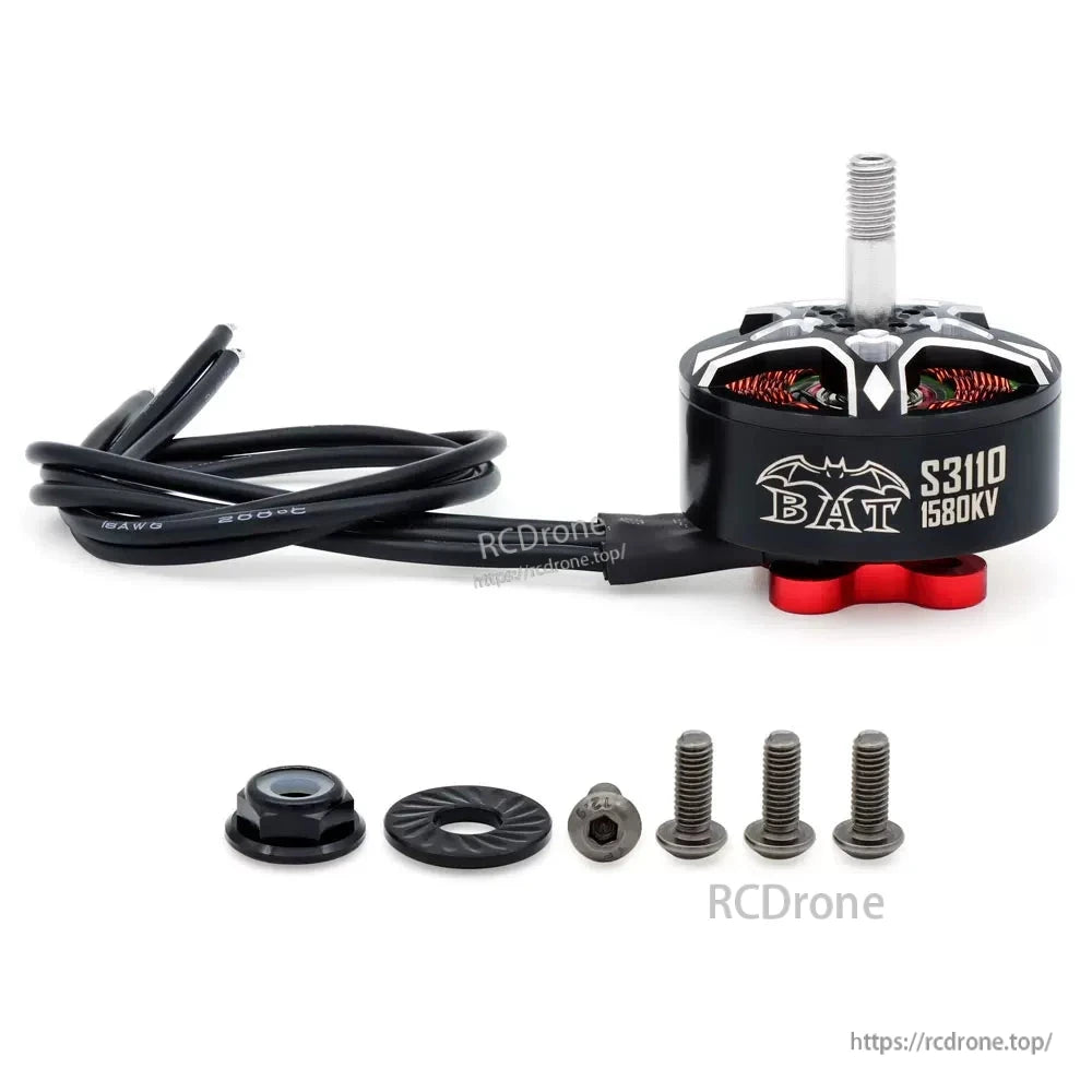 S3110 1580KV FPV brushless motor with lead wires, prop nut, washer, and mounting screws