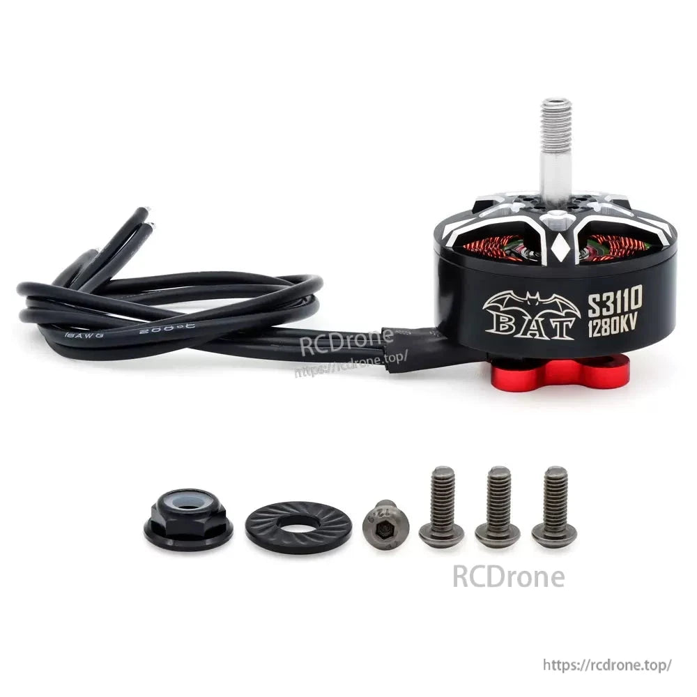 S3110 1280KV FPV brushless motor with lead wires, prop nut, washer, and mounting screws